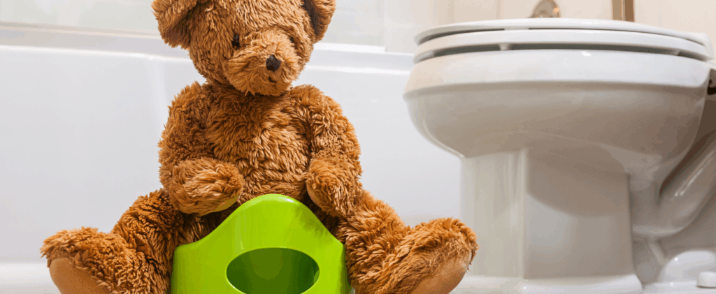 Stuffed bear toy demonstrating potty training on a child-sized toilet